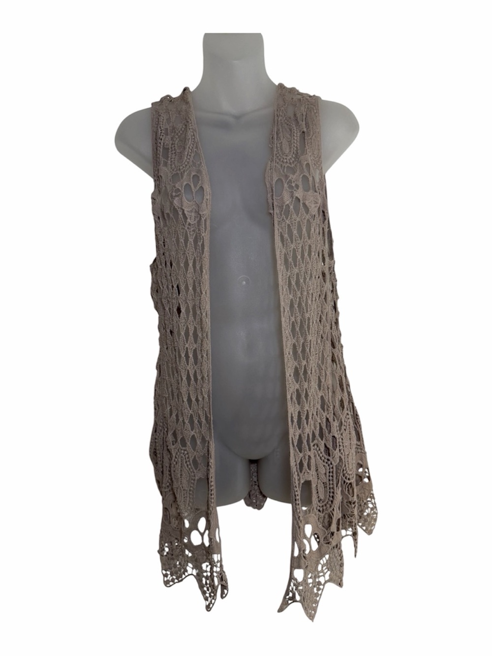 Questions Crochet Boho Vest Duster Taupe Medium